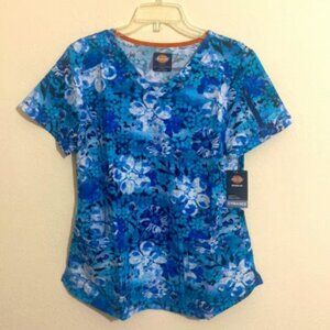 DICKIES Women's V-Neck Floral-Print Scrub Top Size M